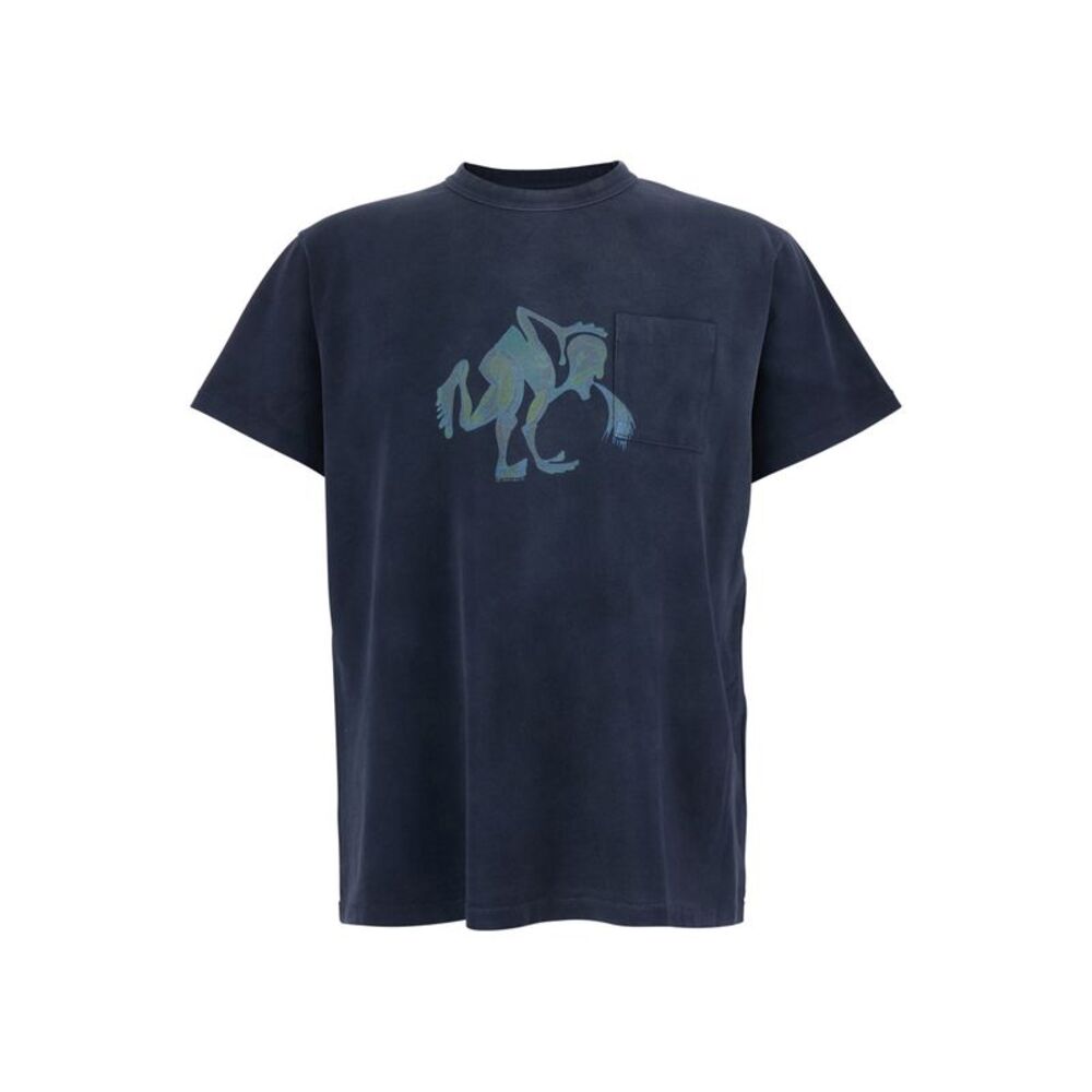 Erl Men Blue T-Shirt With Front Print In Cotton Man